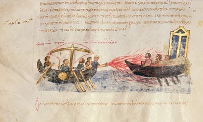 Grekisk eld, fol. 34v ur Madrid-Skylitzes