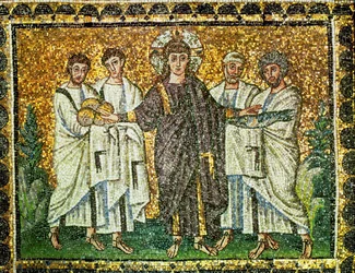 Jesus och mångfaldigandet av bröd och fisk, fyra apostlar, 600-talet (mosaik)
