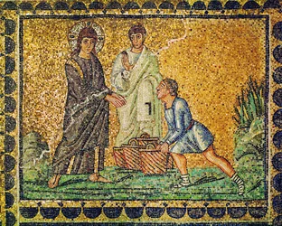 Jesus och brödets utdelning, en apostel och en man med brödkorgar, 600-talet (mosaik)