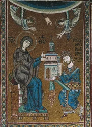 Kung Vilhelm II av Sicilien erbjuder kyrkan Monreale till Jungfrun (mosaik)