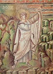 Moses på berget Sinai, figur ovanför lunetten som visar Abrahams gästfrihet och Isaks offer, 600-talet (mosaik) (detalj av 154709)