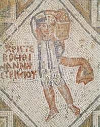 Detalj av golvbeläggning med en murare, mosaik