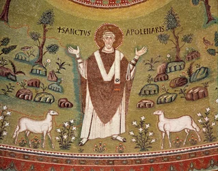 Porträtt av Apollinaris av Ravenna, första biskop av Ravenna och Classe (Detalj av mosaik, 600-talet)