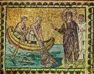 Jesu Kristi andra uppenbarelse för fiskeapostlarna vid Galileiska sjön eller Genezarethsjön, 600-talet (mosaik)