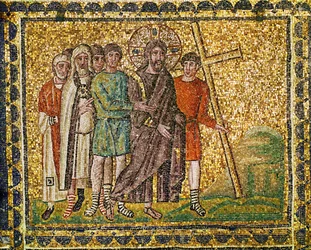 Bärandet av korset. Kristus, soldater och överstepräster på väg till Golgatha, 600-talet (mosaik)