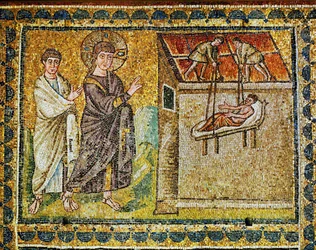 Den förlamade sänks ner från taket, Jesus och en apostel, 600-talet (mosaik)