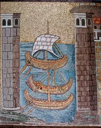 Utsikt över båtar i hamnen i Class (Detalj av mosaiker, 600-talet)