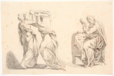 Två kvinnor i klassiska dräkter som bär en korg och en sibylla efter Michelangelo