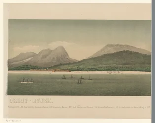 Utsikt över Greater Acehs kust, med flottan från den första Aceh-expeditionen utanför kusten, del tre The Greater Aceh Road (titel på objekt)