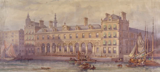 Utsikt över Billingsgate Market med figurer och båtar i förgrunden, London, 1877