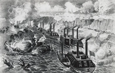 Amiral David Dixon Porters flotta kör rebellblockad på Mississippi i Vicksburg den 16 april