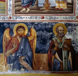 Ärkeängel och helgon, freskervalv i Mikro Sotiris kloster, ön Symi, Grekland (foto)