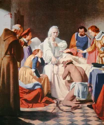 Columbus på sin dödsbädd, med kedjorna i vilka han återvände från sin tredje resa (färg litho)
