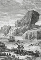 Upptäckten av Austral-Frankrike (Kerguelen-öarna) av den franske upptäcktsresanden Yves-Joseph de Kerguelen-Tremarec (1734-1797), februari 1772, gravyr, Indiska oceanen, territorium för franska södra och antarktiska länder