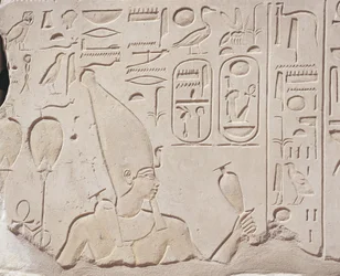 Egypten, Karnak, Hatshepsuts röda kapell, relief av vinoffer till Hatshepsut