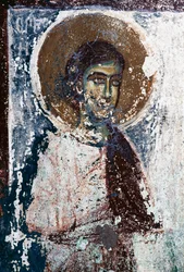 Helgonfigur, fresk i kyrkan Taxiarhon, Gamla Pyli, ön Kos, Grekland (foto)