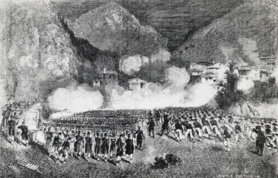 General Giacomo Medicis division attackerar Levico Terme, Trentino-Alto Adige, juli 1866, tredje frihetskriget, gravyr, Italien