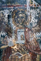 Häst, skadad freskomålning i taket i Agios Vasileios kyrka, Vavouledo, Kreta, Grekland (foto)