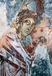 Manlig figur, skadad fresco i taket på Agios Vasileios kyrka, Vavouledo, Kreta, Grekland (foto)