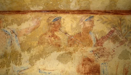 Musiker, fresco, detalj, Tomb of the Blue Demons, Necropolis of Tarquinia (UNESCOs världsarvslista, 2004), Lazio, Italien. Etruskisk civilisation, 500-talet f.Kr. (foto)