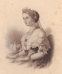 Porträtt av Eugenia de Montijo de Guzman (1826-1920), kejsarinna av franskan, hustru till Napoleon III Bonaparte, gravyr av W Wellstood, från damförvaret, USA, cirka 1870