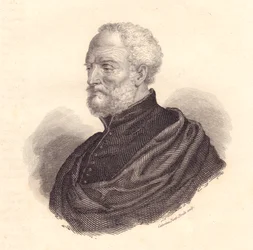Porträtt av den italienske diplomaten och geografen Giovanni Battista Ramusio (1485-1557), kopparstick
