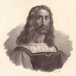 Porträtt av den italienske gravören Marcantonio Raimondi (1480-1534), kopparstick av Barni efter målning av Raffaello Sanzio