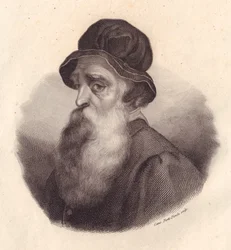 Porträtt av den italienske skulptören och guldsmeden Benvenuto Cellini (1500-1571), kopparstick av Caterina Piotti-Pirola från målning av Giorgio Vasari