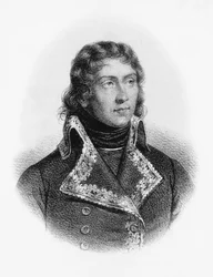 Porträtt av Louis-Charles-Antoine Desaix de Veygoux (1768-1800), fransk militärhjälte som ledde styrkor i tyska, egyptiska och italienska kampanjer under franska revolutionskrigen, gravyr