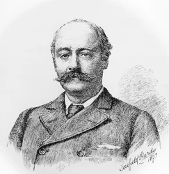 Porträtt av Sir Charles Hubert Hastings Parry (1848-1918), engelsk kompositör, lärare och musikhistoriker, gravyr efter teckning av Dorofield Hardy (1853-1937)