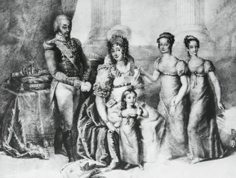Porträtt av Victor Emmanuel I, kung av Sardinien och hertig av Savojen, Piemonte och Aosta, med sin hustru Maria Theresia av Österrike-Este och hans döttrar, Maria Teresa av Savojen (1803-1879), Maria Anna av Savojen och Maria Cristina av Savojen , gravyr