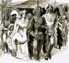 Vid 13 års ålder gifte sig den vackra Isabella och blev drottning av England (gouache på papper)