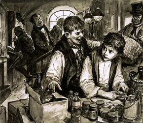 Charles Dickens i svärtningsfabriken (gouache på papper)
