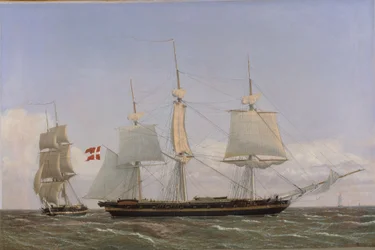 En dansk korvett lägger sig för att konferera med en dansk brigg: Scenen utspelar sig i västindiska vatten