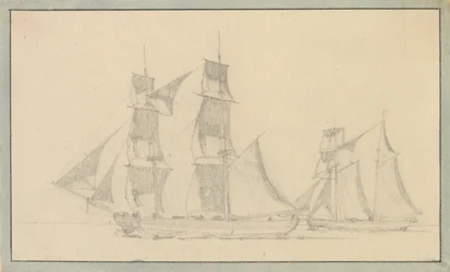 En brigg och en skonare under segel.