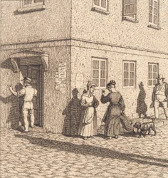 Ett gathörn. Illustration för "Linjärt perspektiv", skylt VII