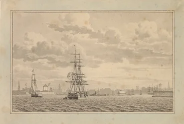 Köpenhamn sett från Yderhavnen med en brigg för ankar och en segelslup.