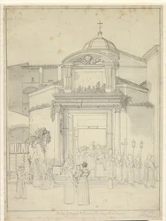 Kyrkan står. Cosmos och Sta. Damians (Romolus och Remus Temple) med munkar i procession som kommer ut genom kyrkdörren.
