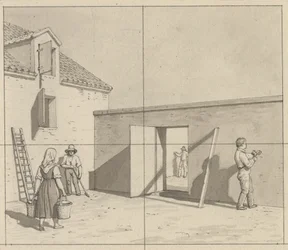 Linjärt perspektiv, applicerat på målarkonsten - utkast till oanvänd illustration - Dansk innergård med fyra bönder och hantverkare.