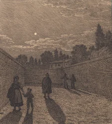 Månsken över en väg. Illustration för "Linjärt perspektiv", skylt IV