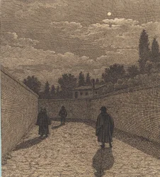 Månsken över en väg med tre figurer. Illustration för "Linjärt perspektiv", skylt IV