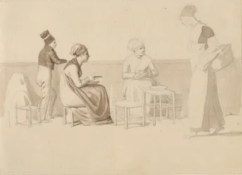 Scen från en gård eller kaj i Paris. Fyra sittande, stående och gående figurer.