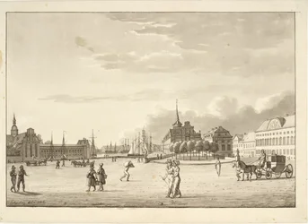 Slottsplatsen i Köpenhamn med Holmens kyrka, Børsen, den nu försvunna bank- och kanslibyggnaden ("Den röda byggnaden")
