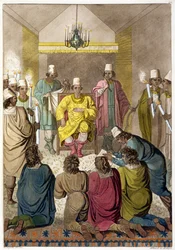 Don Alvaro, konungen av Kongo på sin tron, tavla 42 från "Le Costume Ancien et Moderne" av Jules Ferrario, graverad av A. Biasioli (1790-1830), publicerad omkring 1820-30-talen.