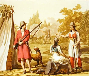 En grupp män och kvinnor från Antillerna (färgstick)