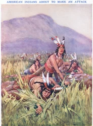 Amerikanska indianer på väg att attackera (färg litho)