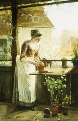 Kvinna som krukar blommor, 1890