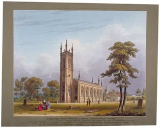 Sydvästlig utsikt över St Nicholas Church, Tooting, London, 1832.