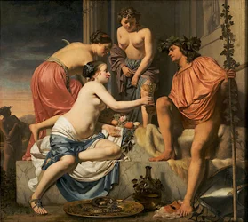 Bacchus på en tron − Nymfer som erbjuder Bacchus vin och frukt
