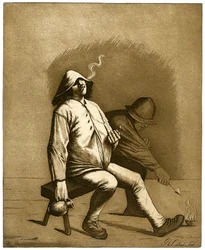 Två män som sitter på en bänk, c1700-tal.